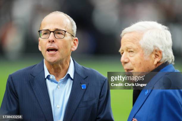 Owner Robert Kraft of the New England Patriots , and president Jonathan Kraft of the New England Patriots talk before a game against the Las Vegas...