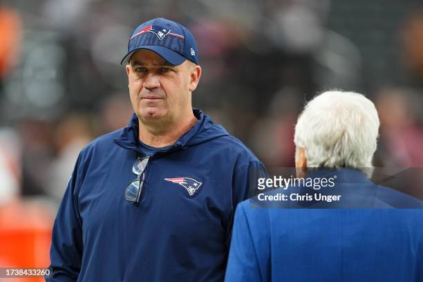 Offensive coordinator Bill O'Brien of the New England Patriots looks on before a game against the Las Vegas Raiders at Allegiant Stadium on October...