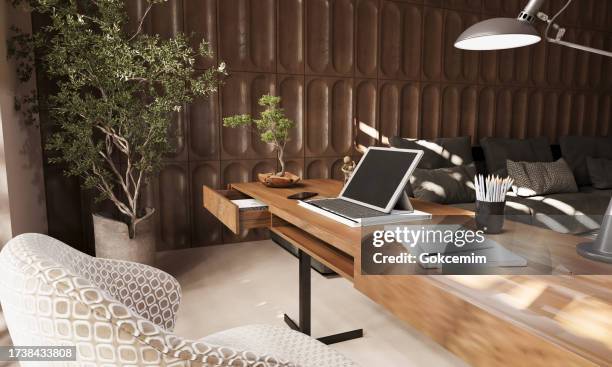 luxury home office interior with wood paneling, wooden desk and gray sofa. 3d rendering. - bonsai tree office stock pictures, royalty-free photos & images