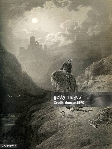 arthurian legend king arthur discovering the skeletons - arthurian legend stock illustrations