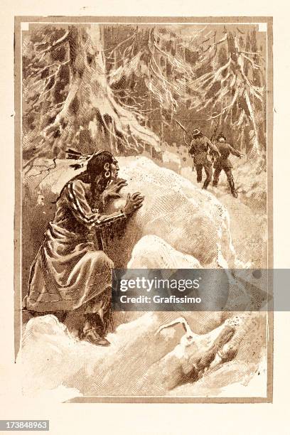 ilustraciones, imágenes clip art, dibujos animados e iconos de stock de grabado de los aborígenes caer en una emboscada 1881 - indios apache