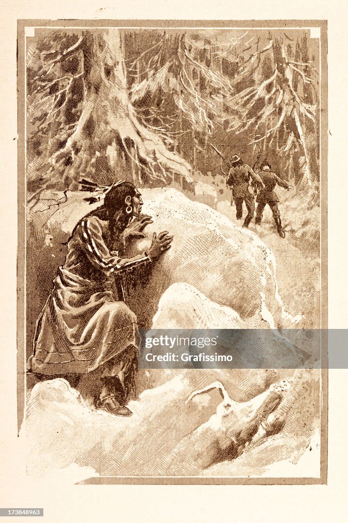 Engraving of native american lying in ambush 1881
