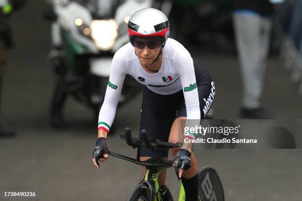 Marcela Prieto of Mexico competes in Women's Individual Time Trial in Road Cycling at Isla de Maipo on Day 2 of Santiago 2023 Pan Am games on October...