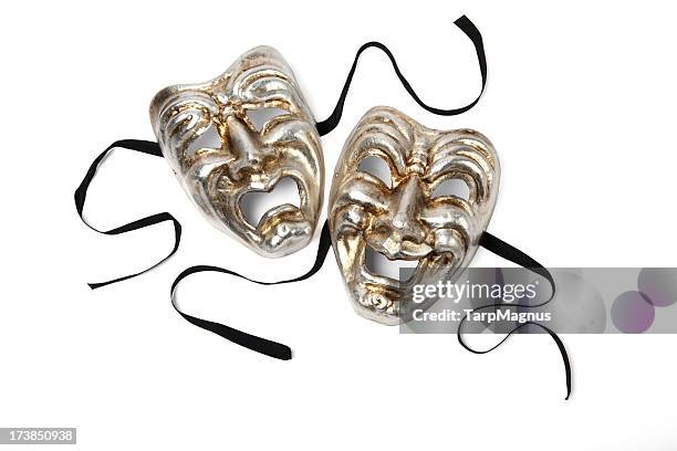 silver and gold comedy and tragedy theater masks on white - drama mask stock pictures, royalty-free photos & images