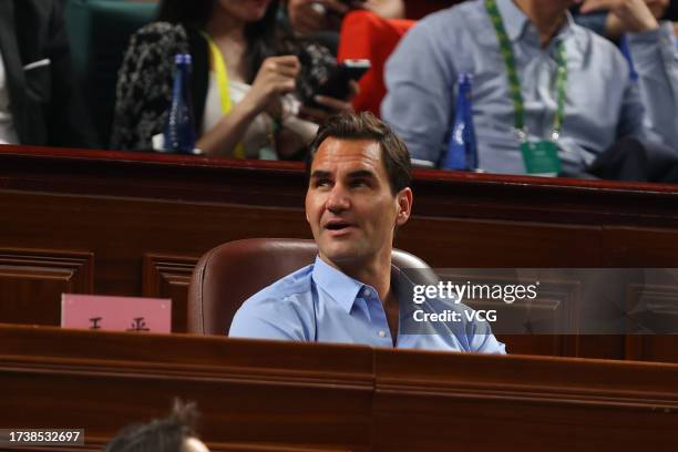 Swiss former tennis player Roger Federer attends the Men's Singles Final match between Hubert Hurkacz of Poland and Andrey Rublev on Day 14 of 2023...