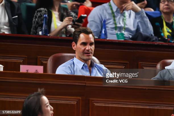 Swiss former tennis player Roger Federer attends the Men's Singles Final match between Hubert Hurkacz of Poland and Andrey Rublev on Day 14 of 2023...