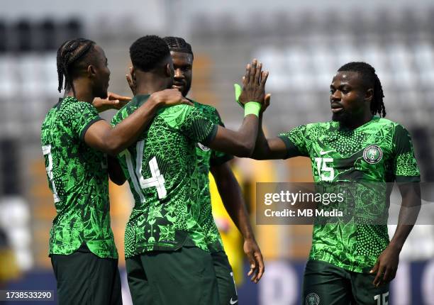 Kelechi Iheanacho of Nigeria celebrates with team mates Bruno Onyemaechi ,Terem Moffi and Moses Simon after scoring his goal ,during the...