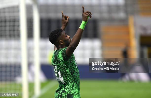 Kelechi Iheanacho of Nigeria celebrates after scoring his goal ,during the International Friendly match between Saudi Arabia and Nigeria at Estadio...