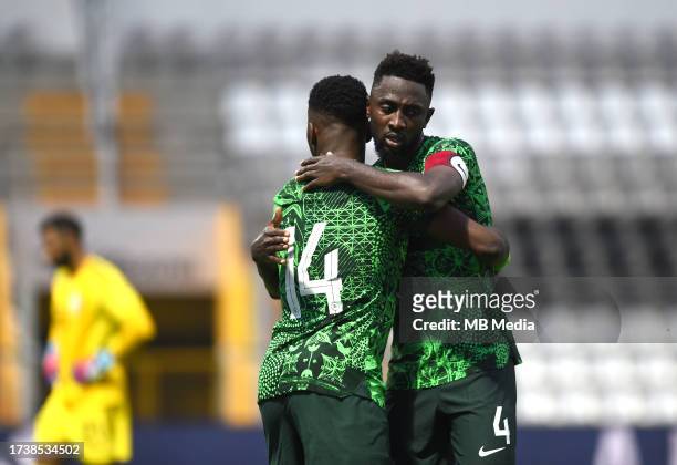 Kelechi Iheanacho of Nigeria celebrates with team mates Wilfred Ndidi after scoring his goal ,during the International Friendly match between Saudi...
