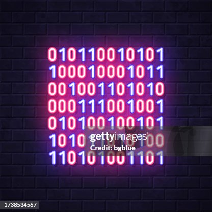 Binary code. Glowing neon icon on brick wall background Binary code. Glowing neon icon on brick wall background