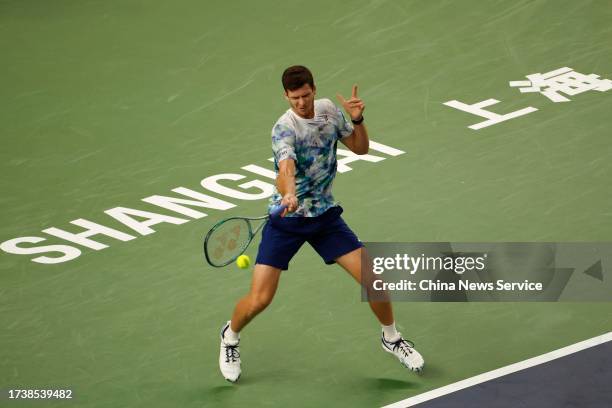 Hubert Hurkacz of Poland returns a shot in the Men's Singles Final match against Andrey Rublev on Day 14 of 2023 Shanghai Rolex Masters at Qi Zhong...