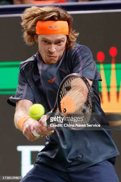 Andrey Rublev returns a shot in the Men's Singles Final match against Hubert Hurkacz of Poland on Day 14 of 2023 Shanghai Rolex Masters at Qi Zhong...
