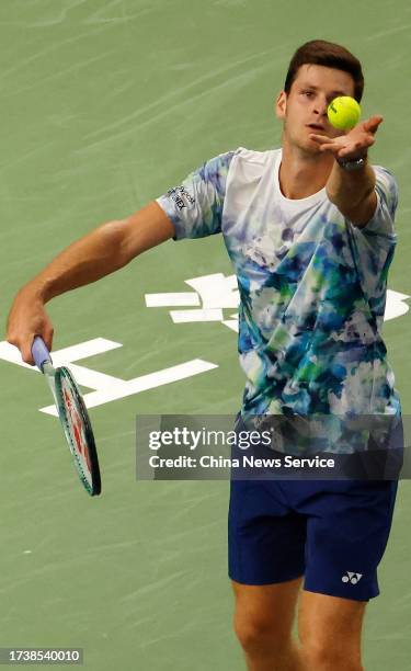 Hubert Hurkacz of Poland serves in the Men's Singles Final match against Andrey Rublev on Day 14 of 2023 Shanghai Rolex Masters at Qi Zhong Tennis...