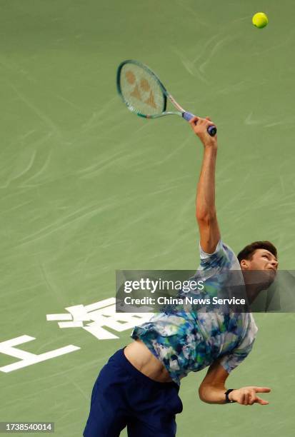 Hubert Hurkacz of Poland serves in the Men's Singles Final match against Andrey Rublev on Day 14 of 2023 Shanghai Rolex Masters at Qi Zhong Tennis...