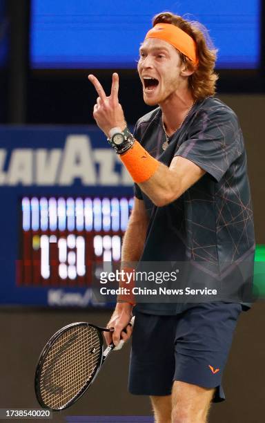 Andrey Rublev reacts in the Men's Singles Final match against Hubert Hurkacz of Poland on Day 14 of 2023 Shanghai Rolex Masters at Qi Zhong Tennis...