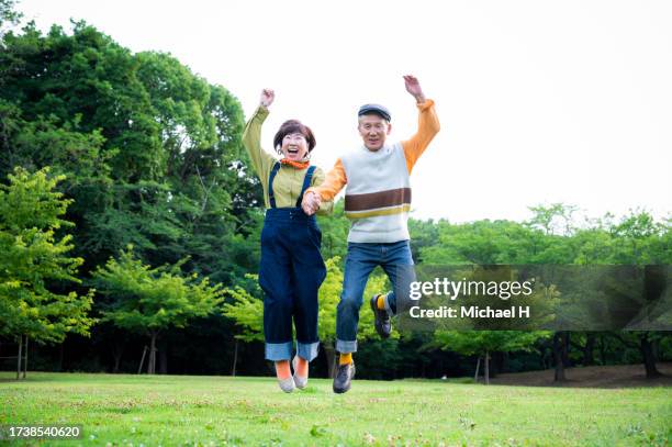 a senior couple hold hands in the park and jump high with big smiles on their faces. - old couple jumping stock-fotos und bilder