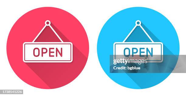 stockillustraties, clipart, cartoons en iconen met open sign. round icon with long shadow on red or blue background - store sign