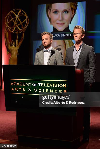 Actors Aaron Paul and Neil Patrick Harris announce the nominees for the Outstanding Lead Actress in a Miniseries or Movie Award during the 65th...