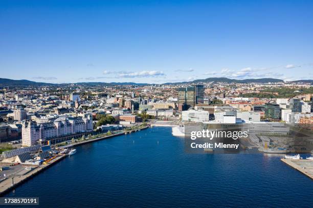 oslo cityscape in summer aerial drone panorama of waterfront norway - oslo bildbanksfoton och bilder