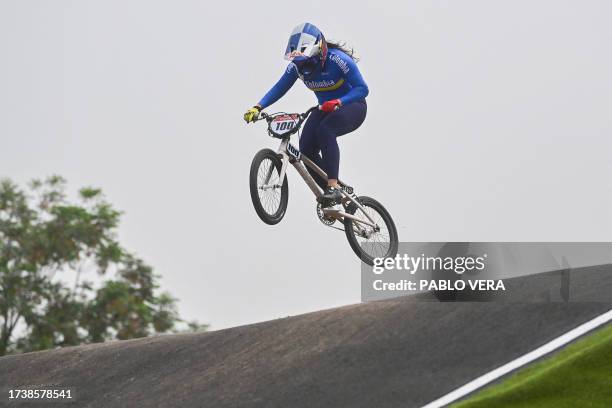 Colombia's Mariana Pajon competes in the women's BMX racing quarterfinals cycling event of the Pan American Games Santiago 2023, at the BMX racetrack...