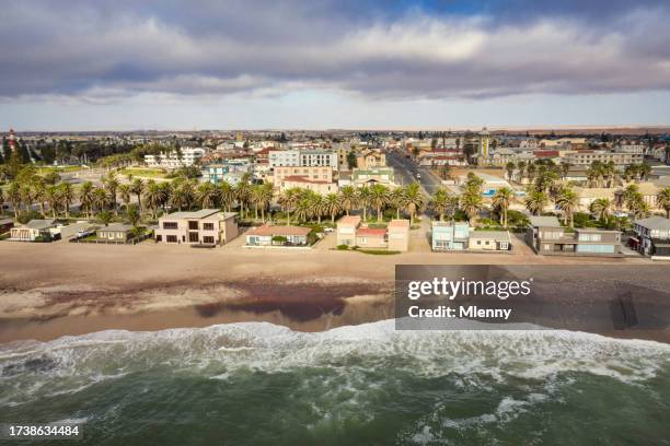 namibia swakopmund beach and coast to  atlantic ocean drone view - namibian cultures stock pictures, royalty-free photos & images