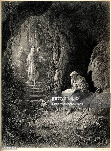 arthurian legend the cave scene - the legend of merlin and arthur stock illustrations