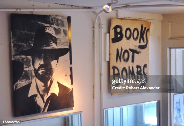 Handmade sign at the City Lights Bookstore, an independent bookstore founded in 1953 by poet Lawrence Ferlinghetti and Peter Martin on Columbus...