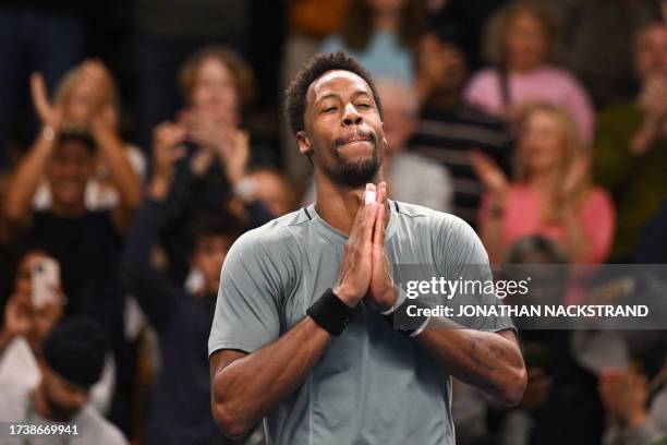 France's Gael Monfils celebrates winning against Russia's Pavel Kotov during the men's singles final match of the ATP Nordic Open tennis tournament...