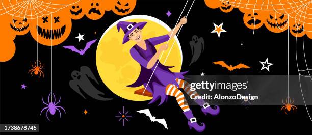 halloween banner design. happy witch on a swing. - eating dates stock illustrations