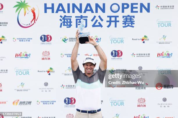 Ricardo Gouveia of Portugal attends the award ceremony after Day Four of the Hainan Open at Danzhou Ancient Saltern Golf Club on October 16, 2023 in...