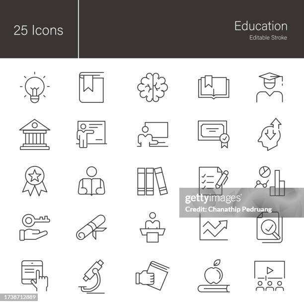 education line icon set. 25 editable stroke vector graphic elements, stock illustration icon, study, book, learning - reading and writing icon stock illustrations