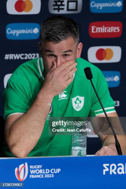 Johnny Sexton of Ireland speaks to the media during the post-match press conference following the Rugby World Cup France 2023 Quarter Final match...
