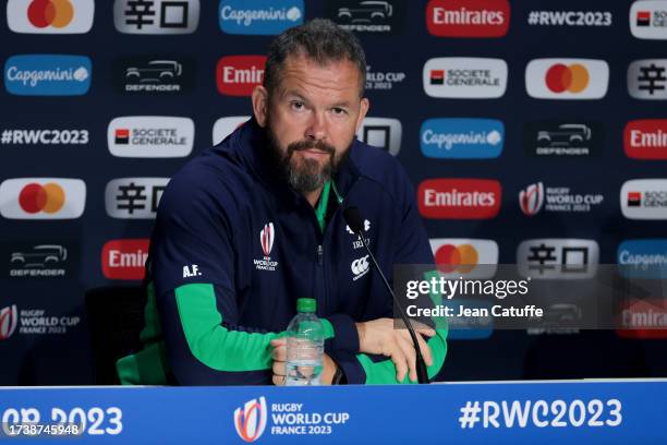 Coach of Ireland Andy Farrell speaks to the media during the post-match press conference following the Rugby World Cup France 2023 Quarter Final...