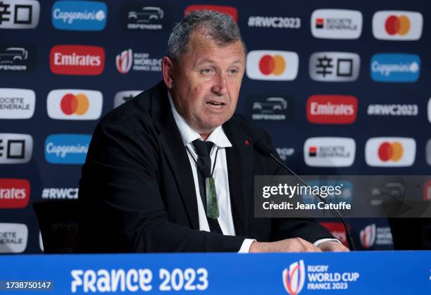 Coach of New Zealand Ian Foster speaks to the media during the post-match press conference following the Rugby World Cup France 2023 Quarter Final...