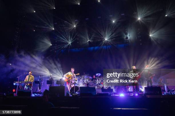 Ben Lovett, Marcus Mumford, and Ted Dwane of Mumford & Sons perform onstage during weekend two, day three of Austin City Limits Music Festival at...