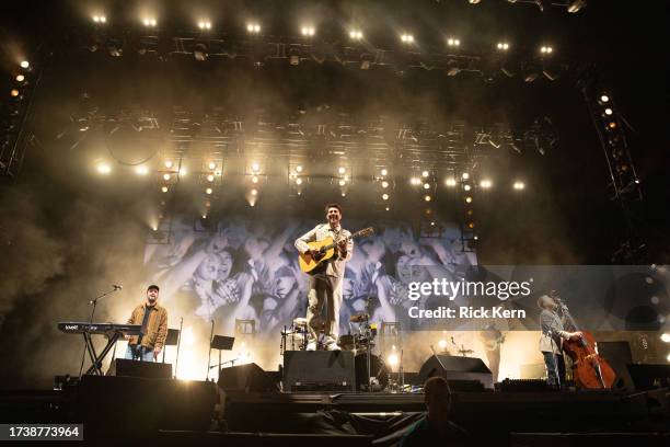 Ben Lovett, Marcus Mumford, and Ted Dwane of Mumford & Sons perform onstage during weekend two, day three of Austin City Limits Music Festival at...