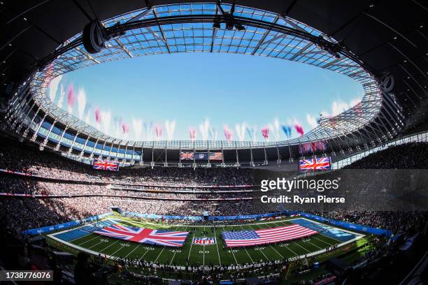 General view of the stadium during the anthems during the NFL match between Baltimore Ravens and Tennessee Titans at Tottenham Hotspur Stadium on...