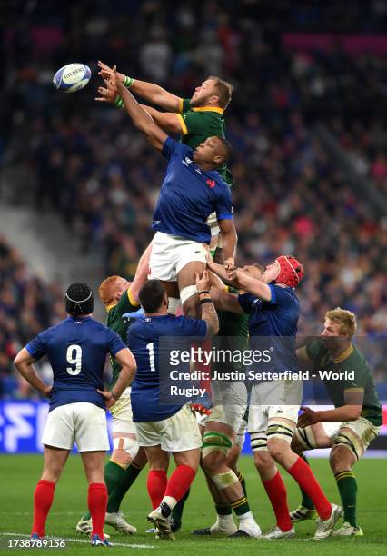 Duane Vermeulen of South Africa and Cameron Woki of France contest the line out during the Rugby World Cup France 2023 Quarter Final match between...