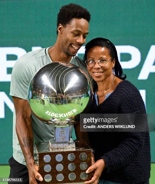 France's Gael Monfils celebrates with his mother Sylvette Cartesse after winning the men's singles final match of the ATP Nordic Open tennis...