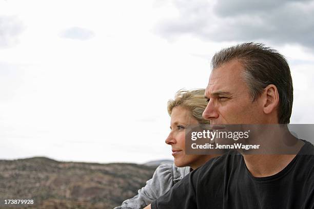 couple look out across the landscape - man woman wondering stock pictures, royalty-free photos & images