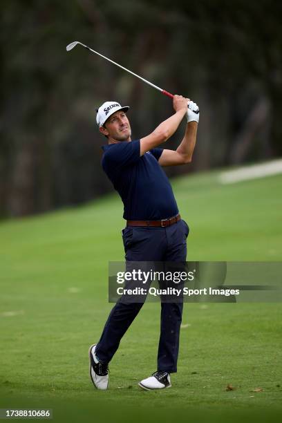 Alfredo Garcia Heredia of Spain plays a shot on the 16th hole on Day Four of the acciona Open de Espana presented by Madrid at Club de Campo Villa de...