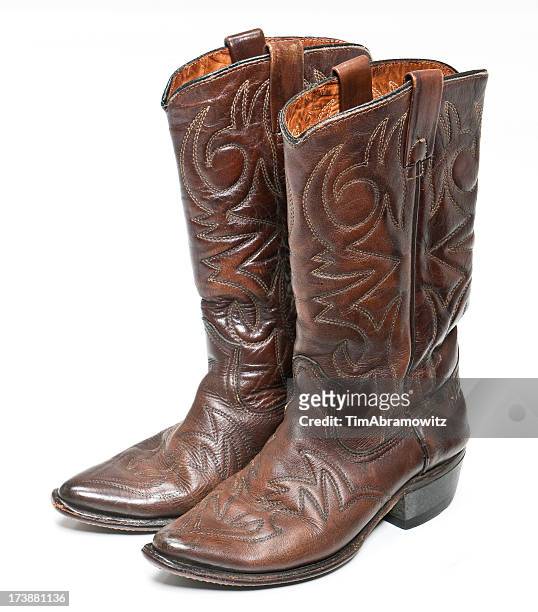 brown leather cowboy boots with designs - cowboystövlar bildbanksfoton och bilder