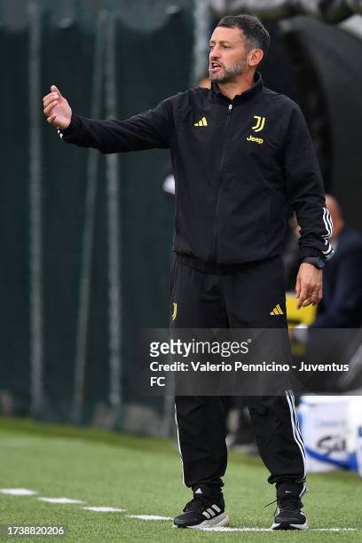 Juventus U16 head coach Claudio Grauso reacts during the match between Juventus U16 and Torino U16 at Juventus Center Vinovo on October 22, 2023 in...