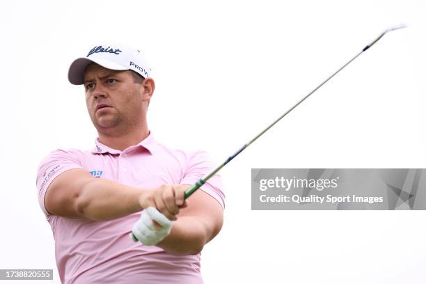 Daniel Van Tonder of South Africa plays a tee shot on the 16th hole on Day Four of the acciona Open de Espana presented by Madrid at Club de Campo...