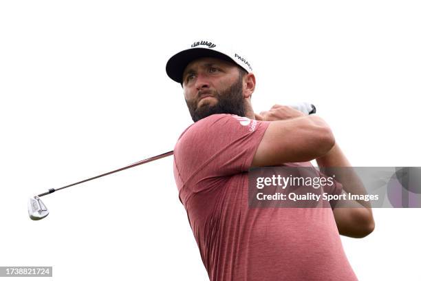 Jon Rahm of Spain plays a tee shot the 17th hole on Day Four of the acciona Open de Espana presented by Madrid at Club de Campo Villa de Madrid on...