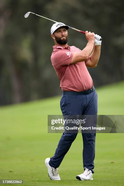 Jon Rahm of Spain plays a shot on the 16th hole on Day Four of the acciona Open de Espana presented by Madrid at Club de Campo Villa de Madrid on...