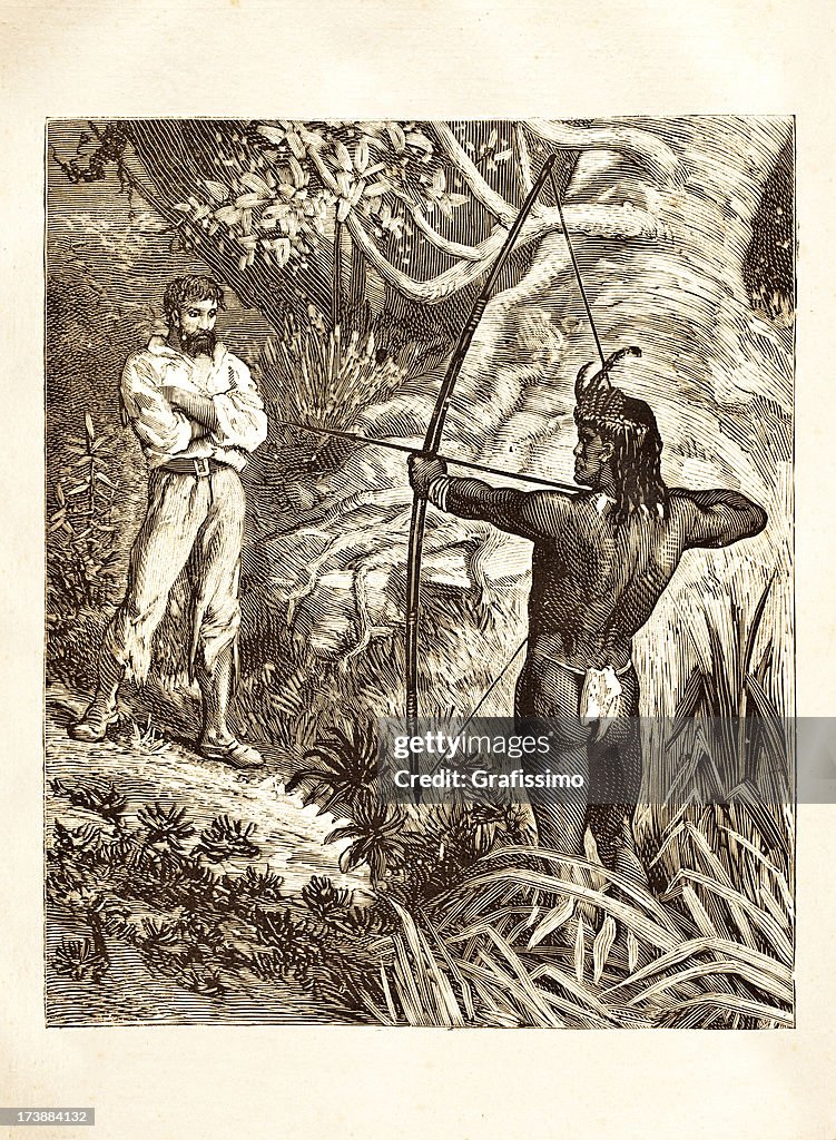 Engraving native american attacking white farmer 1881