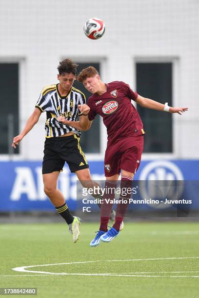 Lorenzo Cancila of Juventus U16 goes up during the match between Juventus U16 and Torino U16 at Juventus Center Vinovo on October 22, 2023 in Vinovo,...