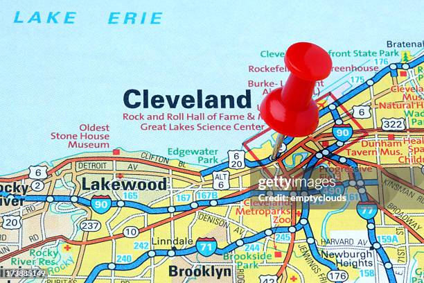 cleveland, ohio on a map. - cleveland street stock pictures, royalty-free photos & images