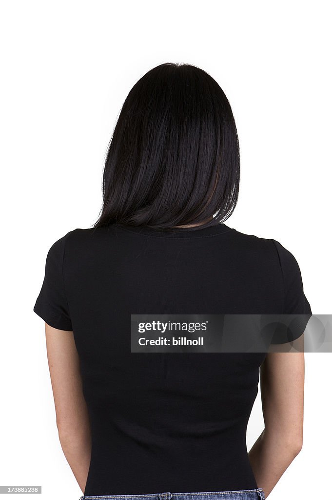 Rear view of young woman with blank black shirt